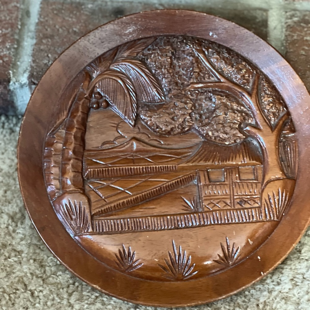 Carved Tiki Hut  Monkey Pod Plaque